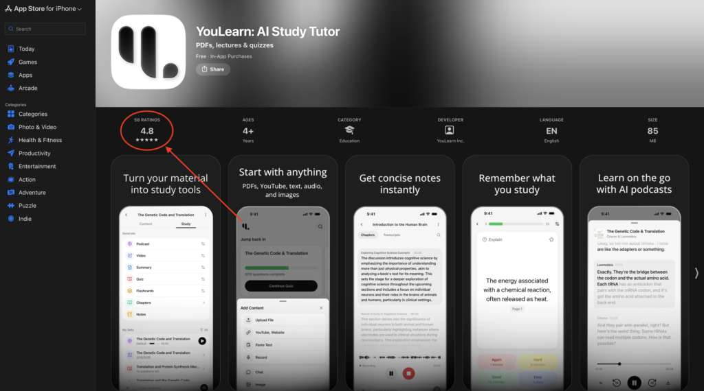 YouLearn AI on Apple App Store (4.8⭐) – Strong User Satisfaction