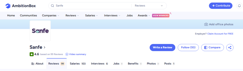 Sanfe AmbitionBox Rating