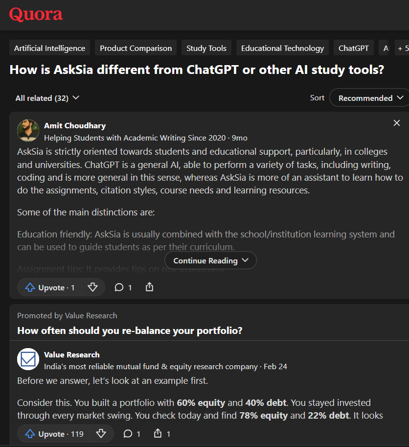 AskSia AI vs ChatGPT (Quora Insight Analysis)