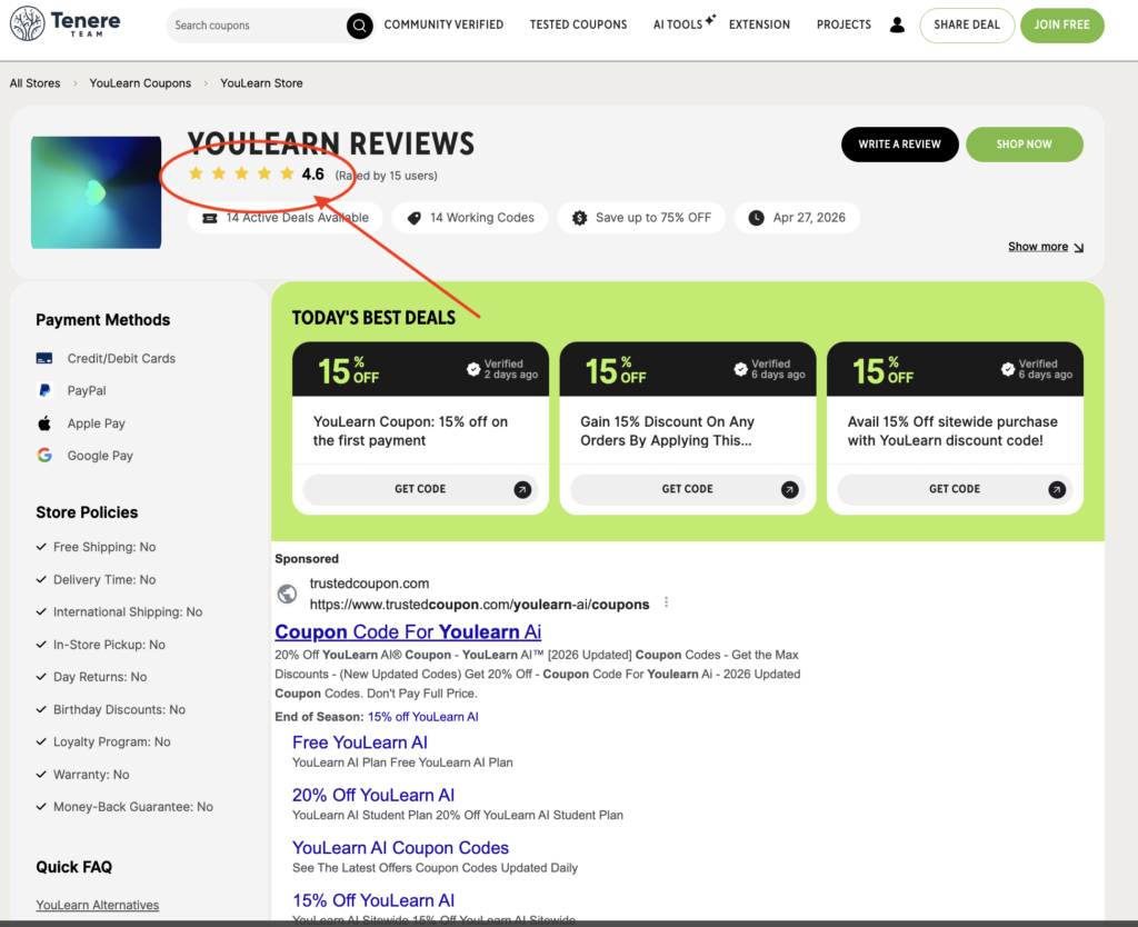YouLearn AI Rating on Tenereteam (4.6⭐) – Positive User Feedback & Active Deals