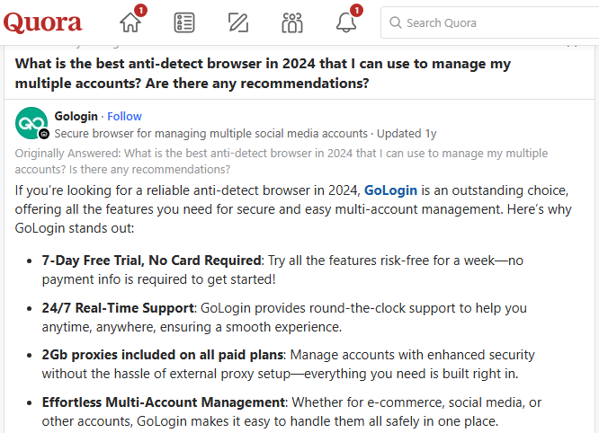 GoLogin Quora Discussion