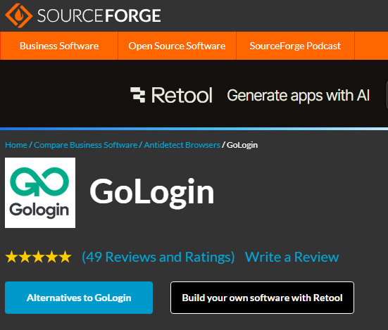 GoLogin SourceForge Rating