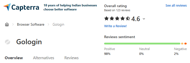 GoLogin Capterra Rating