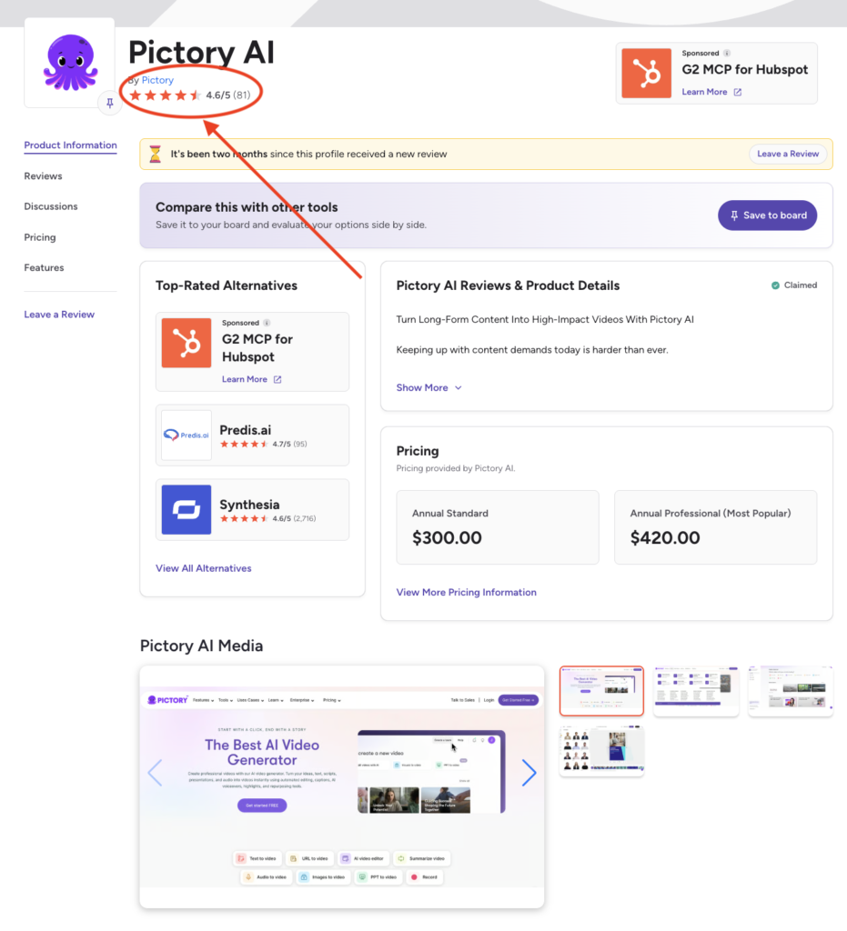 Pictory AI G2 Rating & User Reviews (Detailed Analysis)