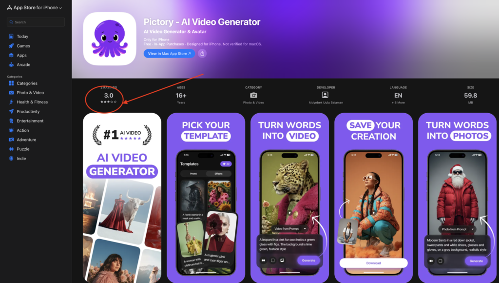 Pictory AI App Store Rating & iOS User Experience Analysis