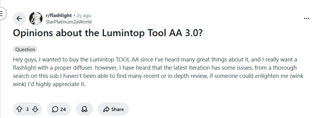 Reddit Users Share Positive Opinions About the Lumintop Tool AA 3.0