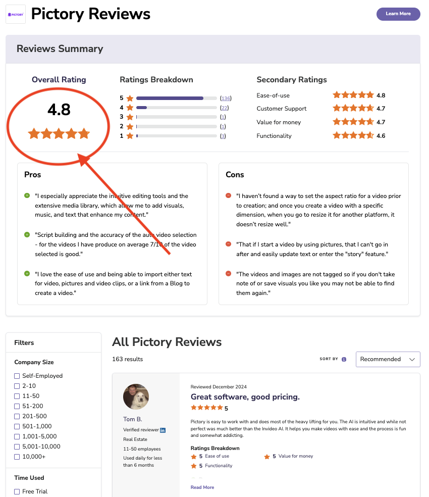 Pictory AI Software Advice Rating & User Feedback Analysis