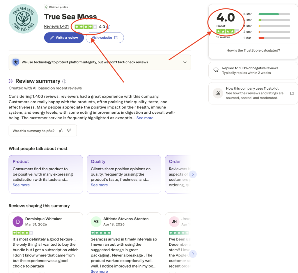 True Sea Moss Trustpilot Reviews & Customer Experience 2026