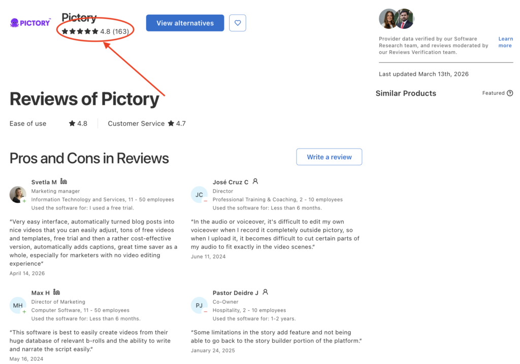 Pictory AI Capterra Rating & Detailed User Reviews Analysis