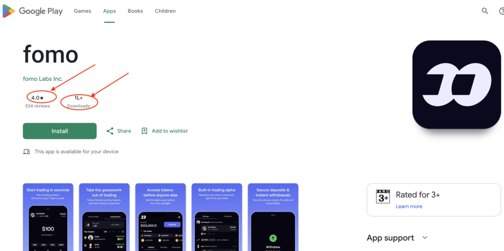 Fomo App Google Play Store Rating & User Growth